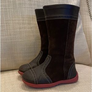 Kai Girls Tall Brown Leather Boots w Pink Soles / Side Zipper / Toddler Size 8.5